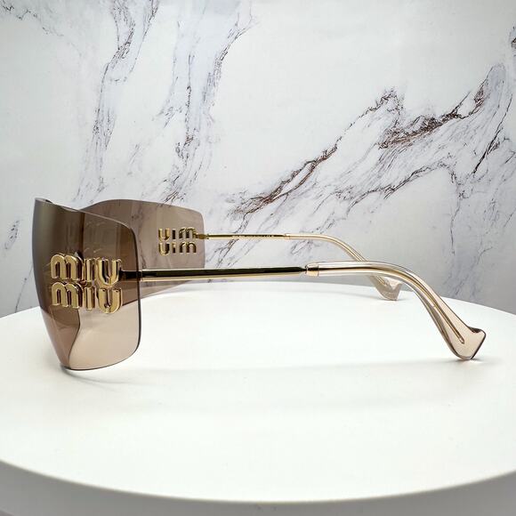 New MIU MIU Aube Sunglasses Gold Light Brown Mirror Bronze Rimless Wrap Womens main image 15